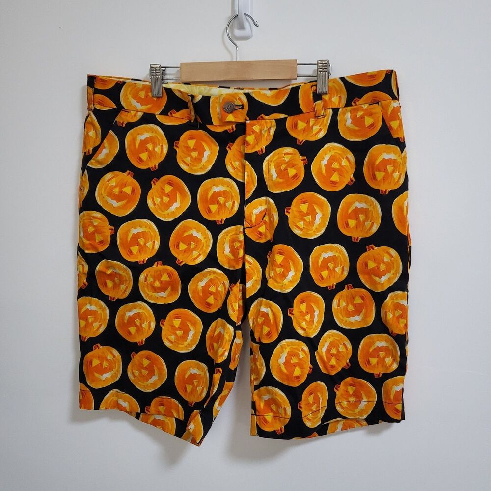 LOUDMOUTH Golf Shorts Mens 38 Halloween Pumpkins Jack O Lantern Black Orange
